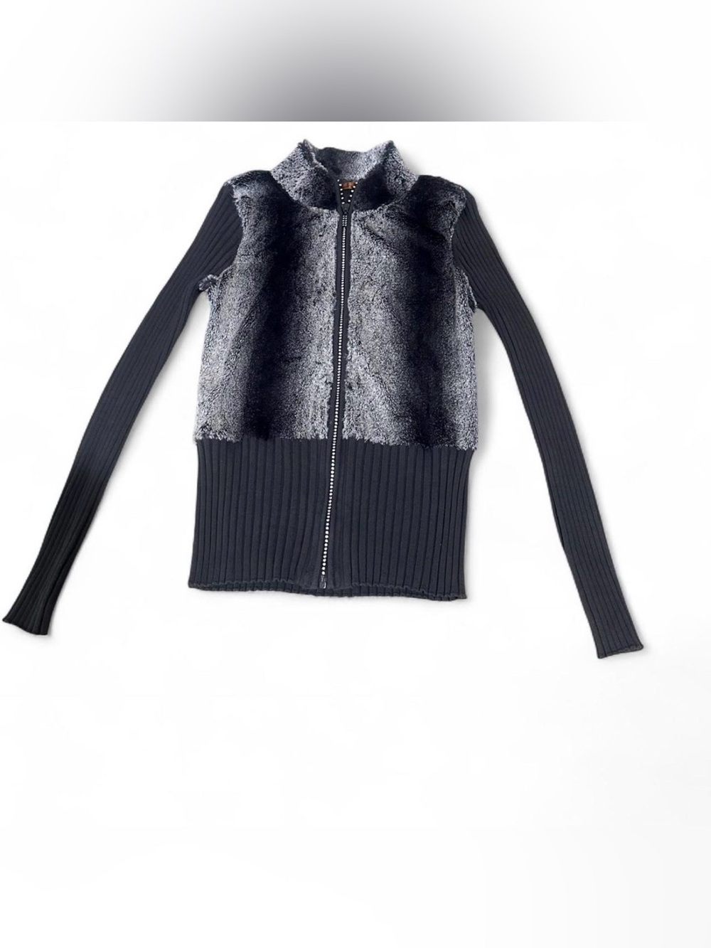 Belldini Black and Gray Faux Fur Ribbed Zip Cardigan